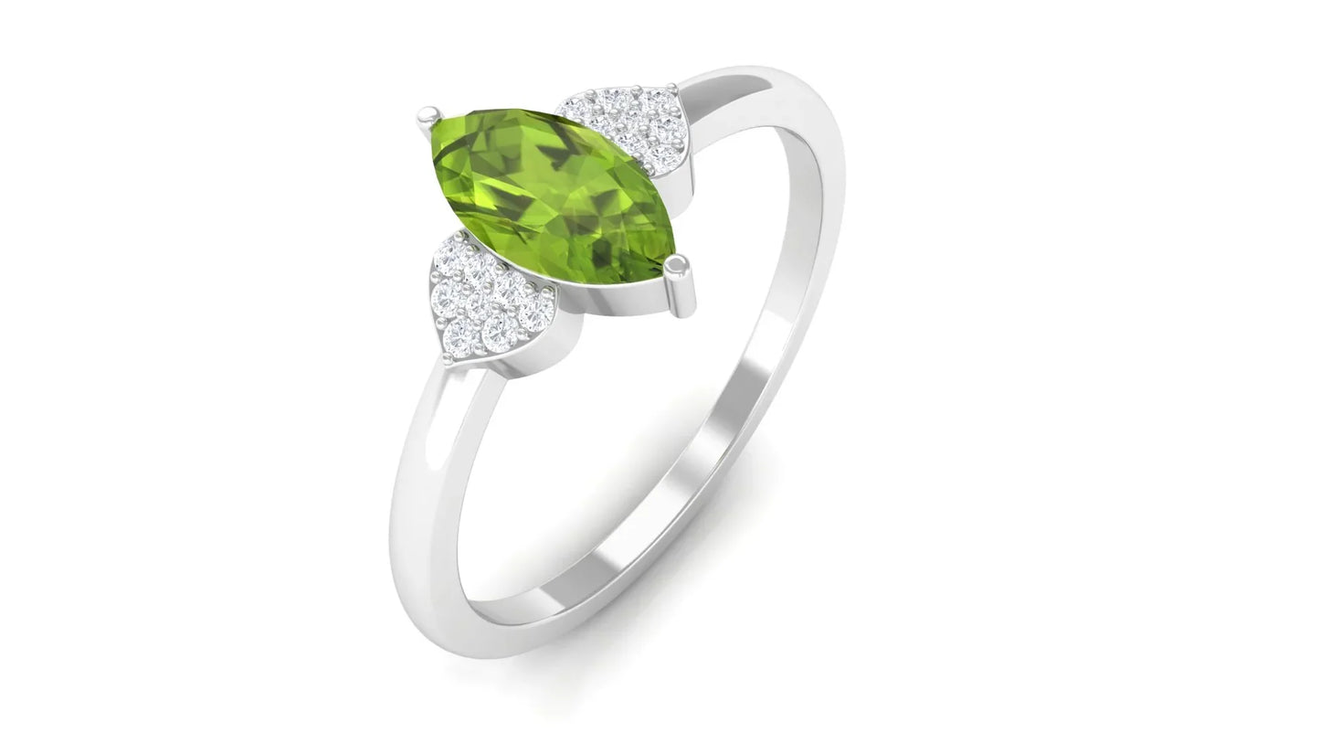 2.30 Carat Marquise Peridot Gemstone Prong Setting Three Stone Engagement Ring In White Gold