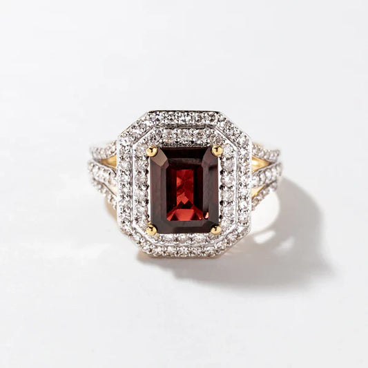 4 Carat Emerald Cut 4 Prong Ruby Gemstone Double Halo Engagement Ring