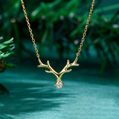 Round Cut Diamond Elk Antlers Necklace Pendant for Women