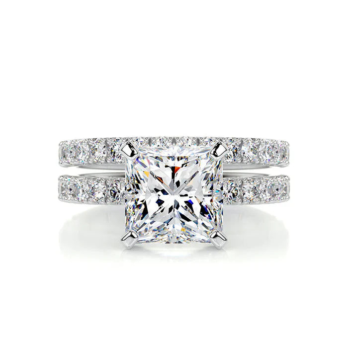 2.50CT Princess Moissanite Pave Diamond Matching Bridal Ring Set