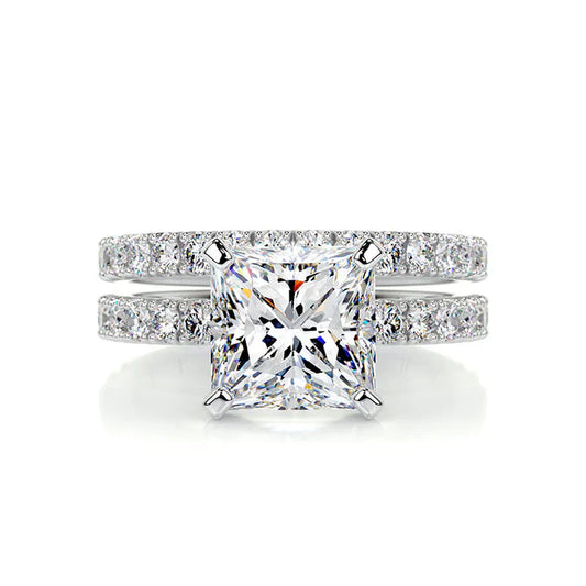 2.50CT Princess Moissanite Pave Diamond Matching Bridal Ring Set