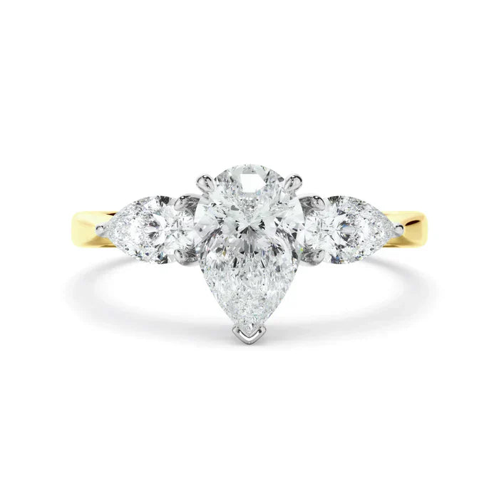 2.50 Carat Pear Cut Three Stone Lab Diamond Engagement Ring in Yellow Gold