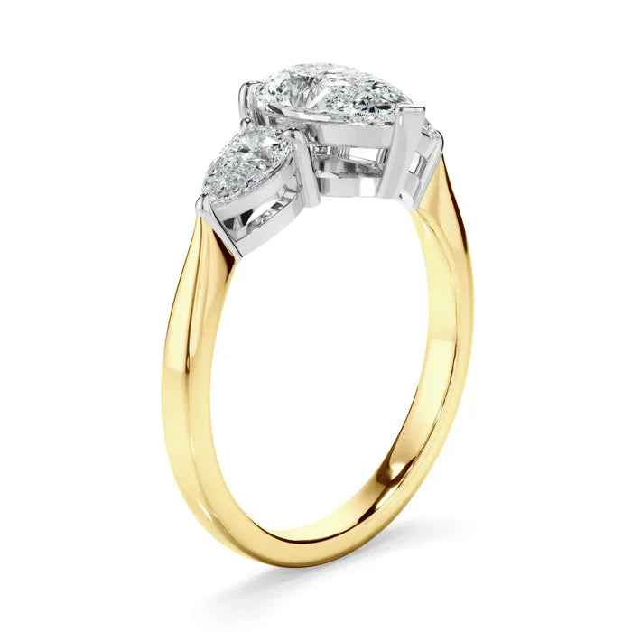 2.50 Carat Pear Cut Three Stone Lab Diamond Engagement Ring in Yellow Gold