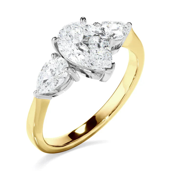 2.50 Carat Pear Cut Three Stone Lab Diamond Engagement Ring in Yellow Gold