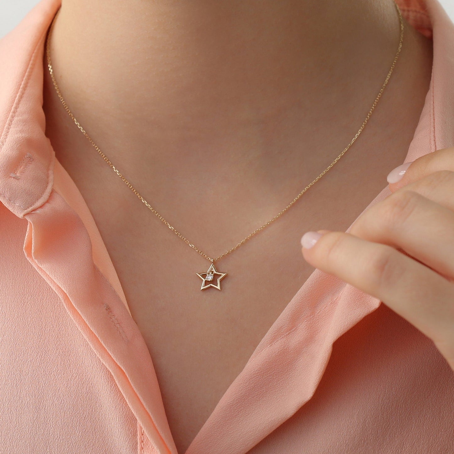 Round Cut Diamond Small Star Charm Necklace for Her