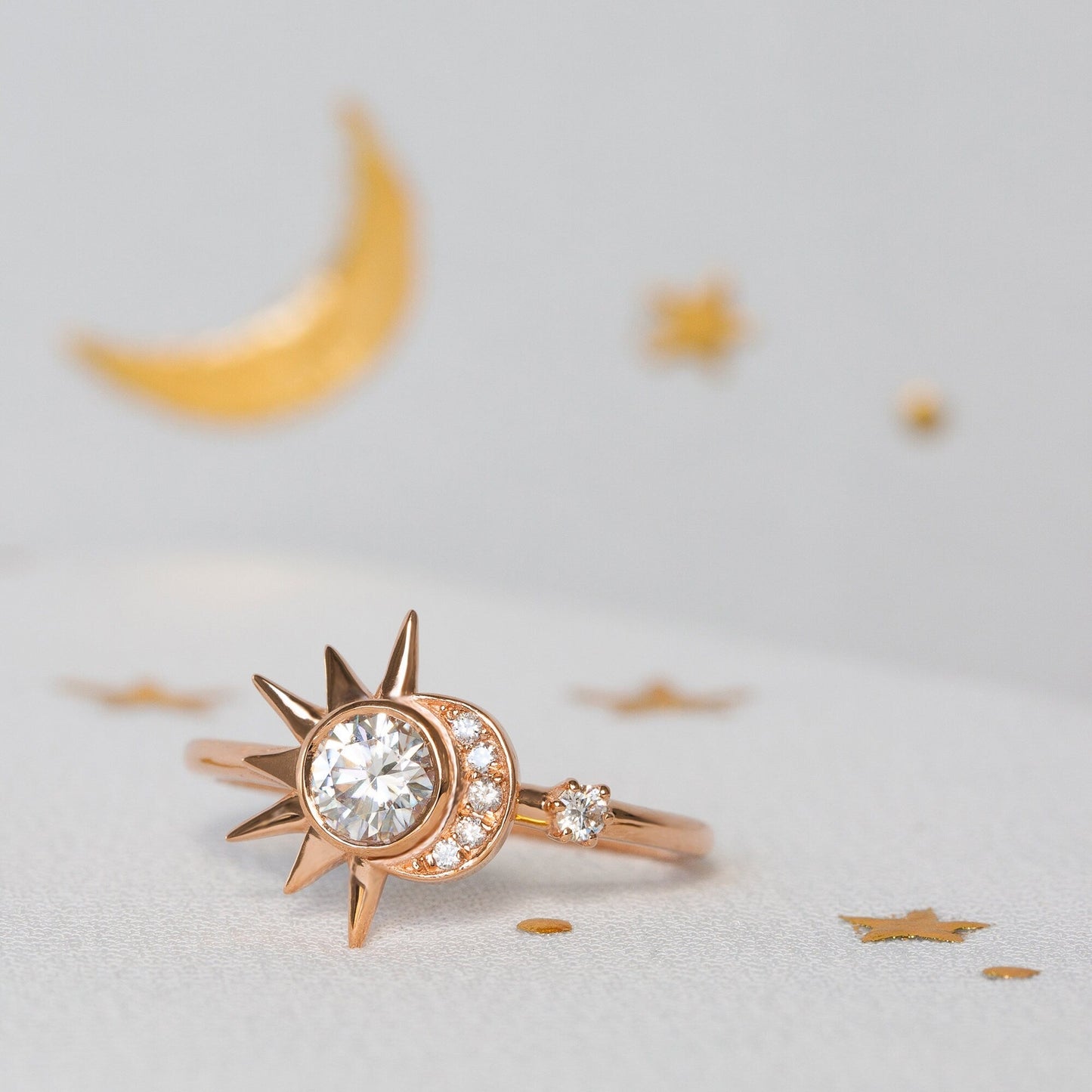 Round Moissanite Diamond  Sun & Crescent Moon Engagement Ring In Solid Gold