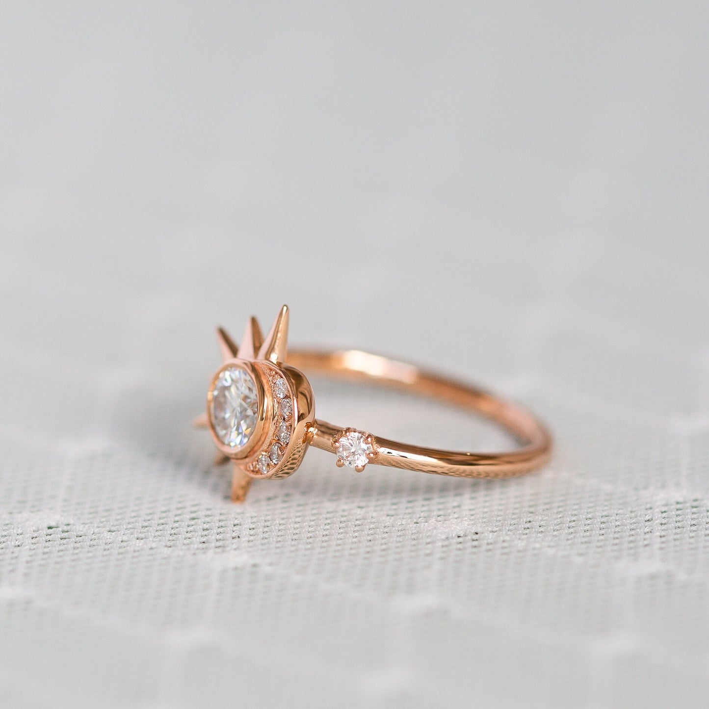 Round Moissanite Diamond  Sun & Crescent Moon Engagement Ring In Solid Gold