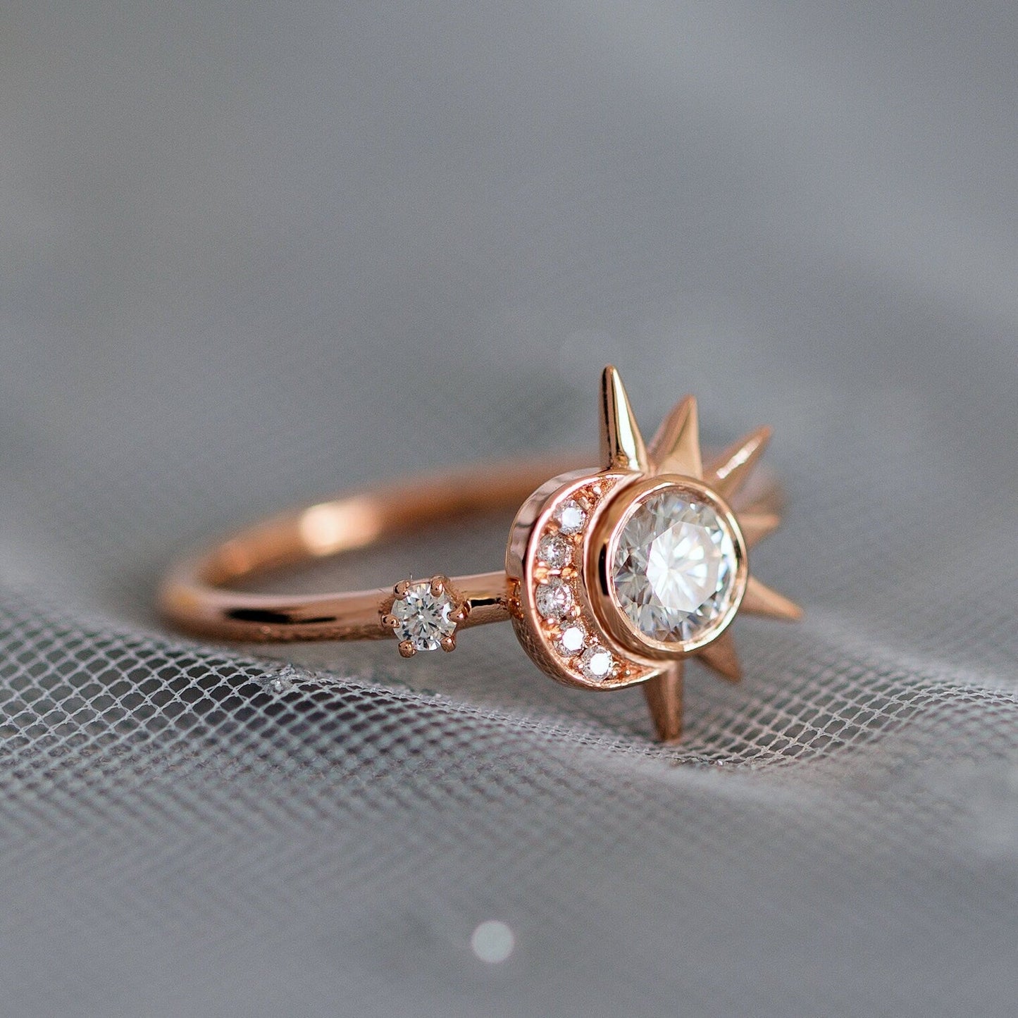 Round Moissanite Diamond  Sun & Crescent Moon Engagement Ring In Solid Gold