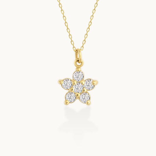 Round Cut Diamond Flower Necklace 14K Gold Ring for Her