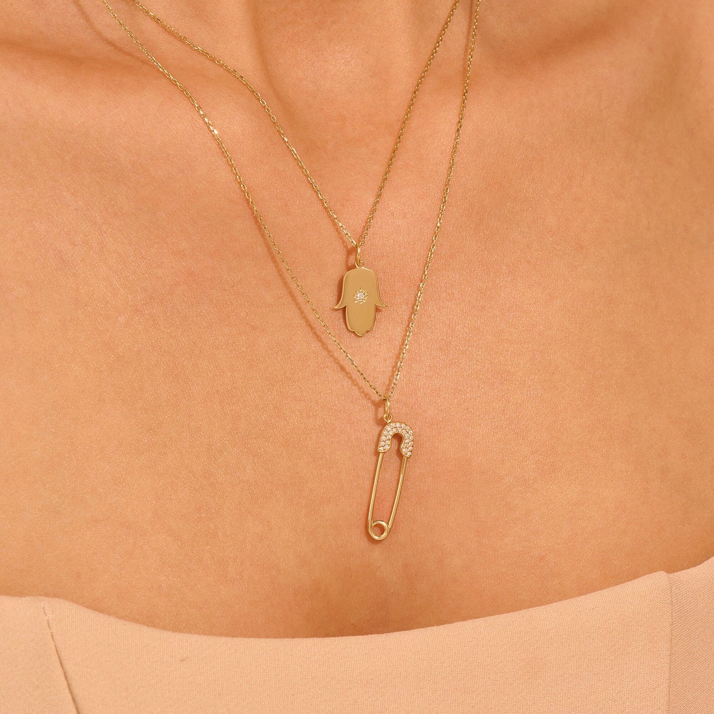 Round Cut Diamond Safety Pin Pendant Necklace for Her