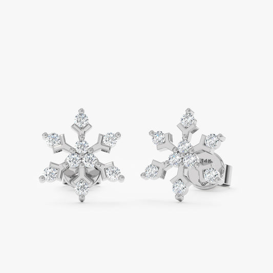 Round Cut Diamond Snowflake Studs Earrings for Christmas Gift