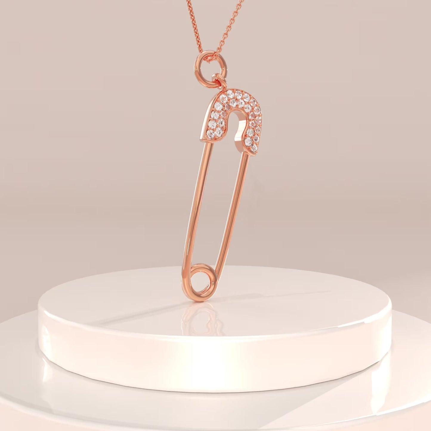 Round Cut Diamond Safety Pin Pendant Necklace for Her