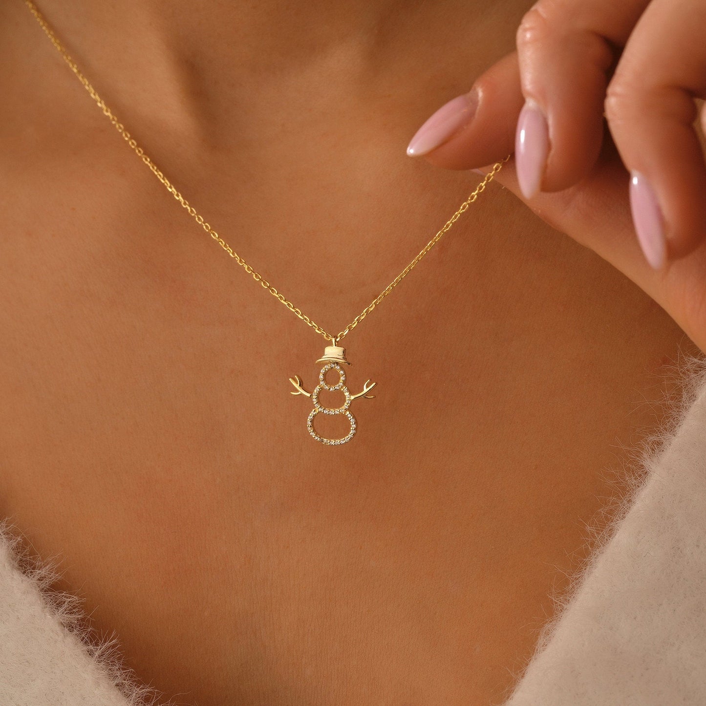 Round Cut Diamond Snowman Pendant Necklace for Her